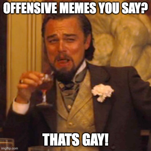 Laughing Leo Meme | OFFENSIVE MEMES YOU SAY? THATS GAY! | image tagged in memes,laughing leo | made w/ Imgflip meme maker