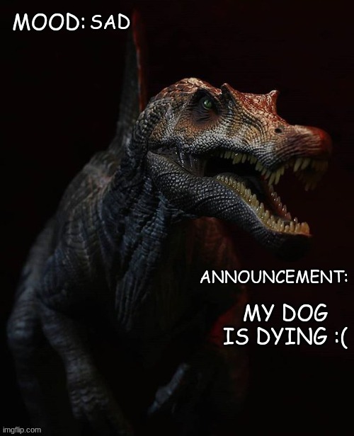 JPSpinosaurus template 7 | SAD; MY DOG IS DYING :( | image tagged in jpspinosaurus template 7 | made w/ Imgflip meme maker