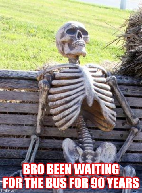 Waiting Skeleton Meme | BRO BEEN WAITING FOR THE BUS FOR 90 YEARS | image tagged in memes,waiting skeleton | made w/ Imgflip meme maker