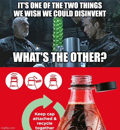 Disinvent | IT'S ONE OF THE TWO THINGS WE WISH WE COULD DISINVENT; WHAT'S THE OTHER? | image tagged in chemicals,the rock,plastic,recycling | made w/ Imgflip meme maker