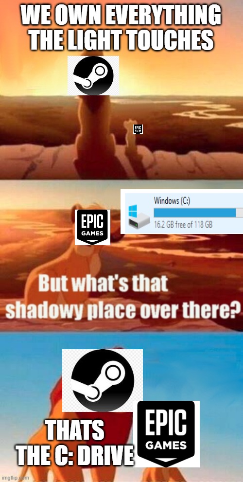 Simba Shadowy Place | WE OWN EVERYTHING THE LIGHT TOUCHES; THATS THE C: DRIVE | image tagged in memes,simba shadowy place | made w/ Imgflip meme maker