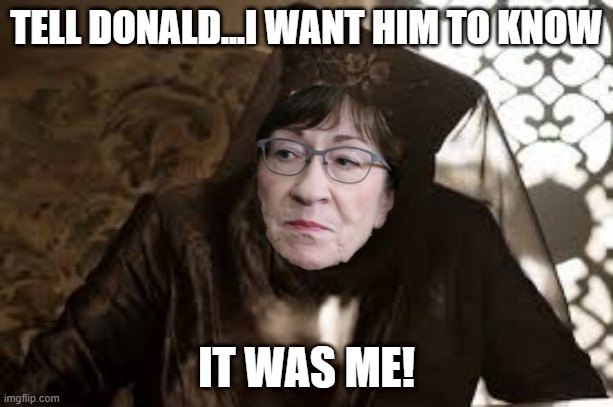 Not on the Maine Ballot Huh | TELL DONALD...I WANT HIM TO KNOW; IT WAS ME! | image tagged in politics,susan collins | made w/ Imgflip meme maker