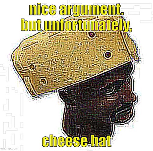 Nice Argument Bro, But Cheese Hat | image tagged in nice argument bro but cheese hat | made w/ Imgflip meme maker