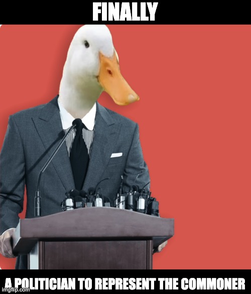 The only pure politician | FINALLY; A POLITICIAN TO REPRESENT THE COMMONER | image tagged in politics,duck,duck man,politician,working class,commoner | made w/ Imgflip meme maker