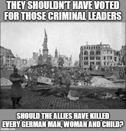 Should people be punished for voting in a 'wrong' regime? | THEY SHOULDN'T HAVE VOTED
FOR THOSE CRIMINAL LEADERS; SHOULD THE ALLIES HAVE KILLED
EVERY GERMAN MAN, WOMAN AND CHILD? | image tagged in dresden,punishment,allies,war,think about it | made w/ Imgflip meme maker