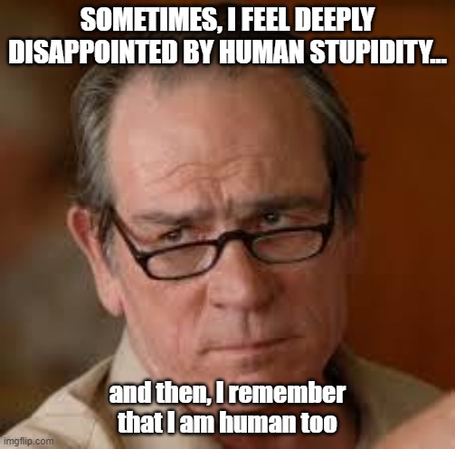 my face when someone asks a stupid question | SOMETIMES, I FEEL DEEPLY DISAPPOINTED BY HUMAN STUPIDITY…; and then, I remember that I am human too | image tagged in my face when someone asks a stupid question | made w/ Imgflip meme maker