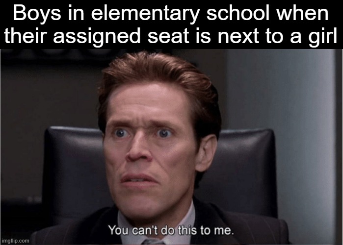 me fr | Boys in elementary school when their assigned seat is next to a girl | image tagged in you can't do this to me,school,kids,boys vs girls,dank memes,memes | made w/ Imgflip meme maker
