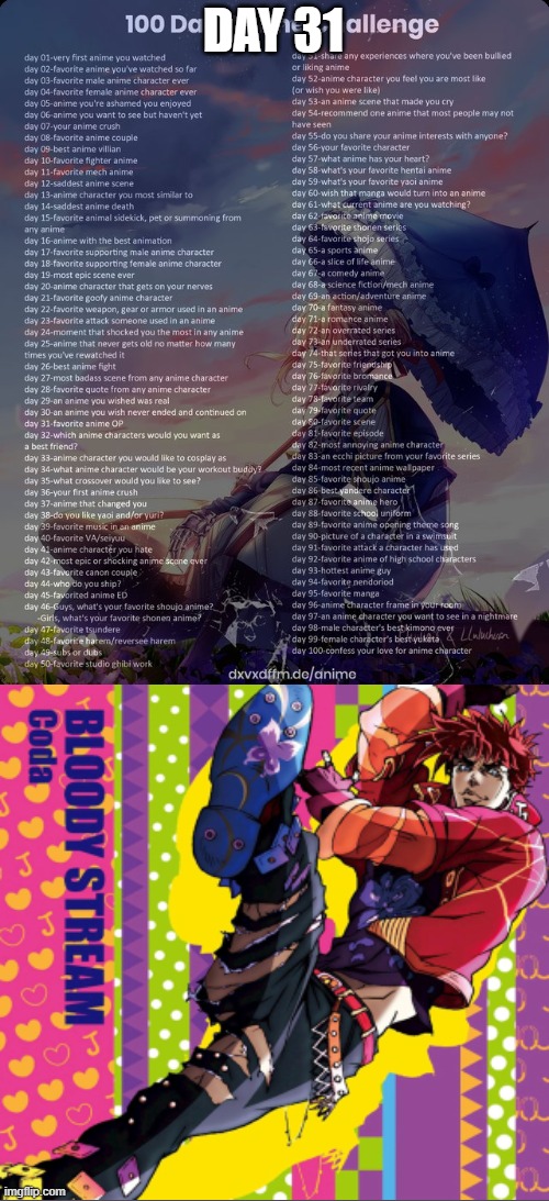 Day 31: Bloody Stream by Coda (JoJo's Bizarre Adventure Part 2: Battle Tendency) | DAY 31 | image tagged in 100 day anime challenge | made w/ Imgflip meme maker