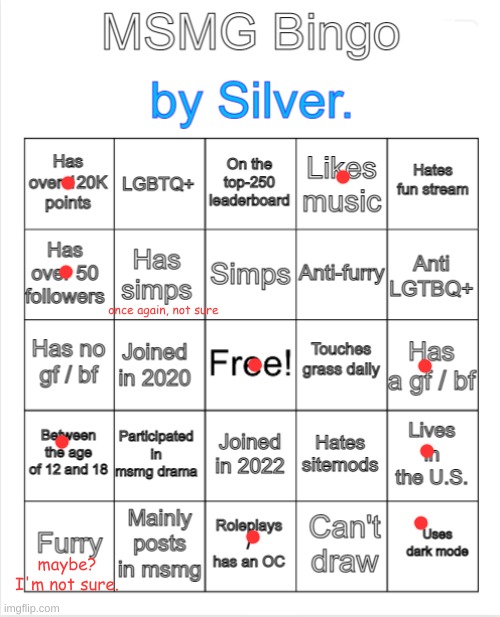 Silver.'s MSMG Bingo | once again, not sure; maybe? I'm not sure. | image tagged in silver 's msmg bingo | made w/ Imgflip meme maker