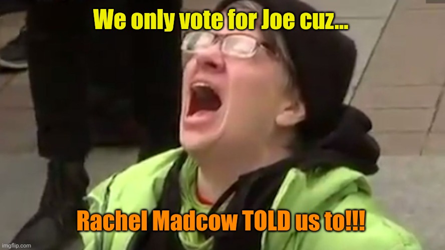 Screaming Liberal  | We only vote for Joe cuz... Rachel Madcow TOLD us to!!! | image tagged in screaming liberal | made w/ Imgflip meme maker