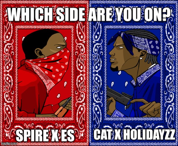 WHICH SIDE ARE YOU ON? | SPIRE X ES; CAT X HOLIDAYZZ | image tagged in which side are you on | made w/ Imgflip meme maker