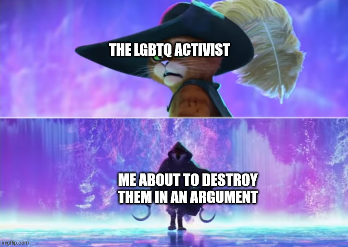 Puss and boots scared | THE LGBTQ ACTIVIST; ME ABOUT TO DESTROY THEM IN AN ARGUMENT | image tagged in puss and boots scared | made w/ Imgflip meme maker