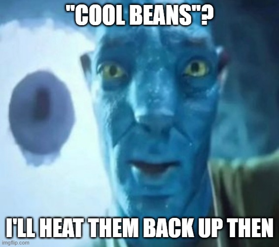 cool beans? | "COOL BEANS"? I'LL HEAT THEM BACK UP THEN | image tagged in avatar guy,beans | made w/ Imgflip meme maker