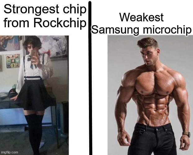 Strongest ___ Fan vs Weakest ___ Enjoyer | Weakest Samsung microchip; Strongest chip from Rockchip | image tagged in strongest ___ fan vs weakest ___ enjoyer,memes,rockchip,samsung,microchip | made w/ Imgflip meme maker