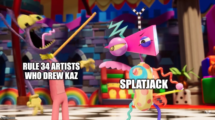 Splatjack would love to see this | RULE 34 ARTISTS WHO DREW KAZ; SPLATJACK | image tagged in the amazing digital circus jax being choked,incredibox | made w/ Imgflip meme maker