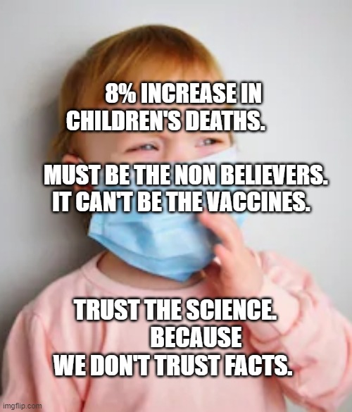 Crying surgical mask | 8% INCREASE IN CHILDREN'S DEATHS.                           
 MUST BE THE NON BELIEVERS. IT CAN'T BE THE VACCINES. TRUST THE SCIENCE.          BECAUSE WE DON'T TRUST FACTS. | image tagged in crying surgical mask | made w/ Imgflip meme maker