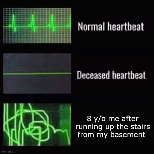 Relatable | 8 y/o me after running up the stairs from my basement | image tagged in heartbeat rate | made w/ Imgflip meme maker