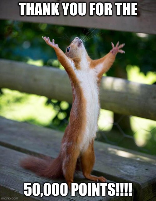 Thank you all for the 50,000 point's ((party in the comment's)) | THANK YOU FOR THE; 50,000 POINTS!!!! | image tagged in thank you jesus squirrel,thank you to everyone | made w/ Imgflip meme maker