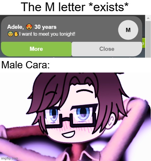 M IS FOR MALE CARA! | The M letter *exists*; Male Cara: | image tagged in male cara whistle meme,x is for x,pop up school 2,pus2,memes,male cara | made w/ Imgflip meme maker