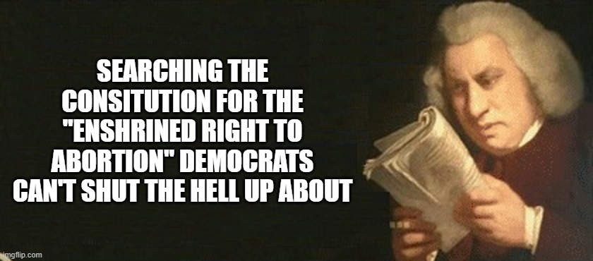 Where's the Constitutional Right to an Abortion? | SEARCHING THE CONSITUTION FOR THE "ENSHRINED RIGHT TO ABORTION" DEMOCRATS CAN'T SHUT THE HELL UP ABOUT | image tagged in reading the constitution,abortion,not there | made w/ Imgflip meme maker