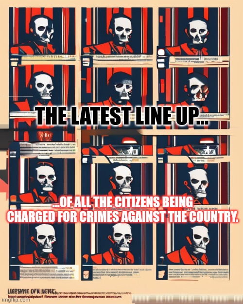 Os there bias in the topic?  Is it propaganda?  Is it the author? | THE LATEST LINE UP... ...OF ALL THE CITIZENS BEING CHARGED FOR CRIMES AGAINST THE COUNTRY. | image tagged in crazy evolution diagram | made w/ Imgflip meme maker