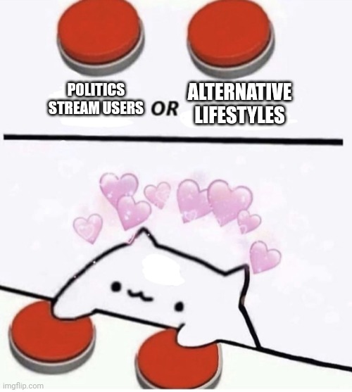 Cat pressing two buttons | POLITICS STREAM USERS ALTERNATIVE LIFESTYLES | image tagged in cat pressing two buttons | made w/ Imgflip meme maker