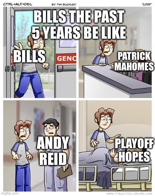 LOSS | BILLS THE PAST 5 YEARS BE LIKE; PATRICK MAHOMES; BILLS; PLAYOFF HOPES; ANDY REID | image tagged in loss | made w/ Imgflip meme maker