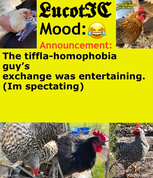 . | 😂; The tiffla-homophobia guy’s exchange was entertaining. (Im spectating) | image tagged in lucotic's cocks announcement template | made w/ Imgflip meme maker