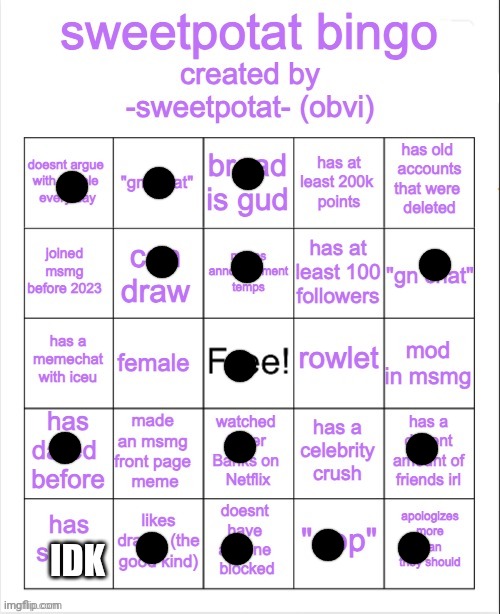 sweetpotat bingo! | IDK | image tagged in sweetpotat bingo | made w/ Imgflip meme maker