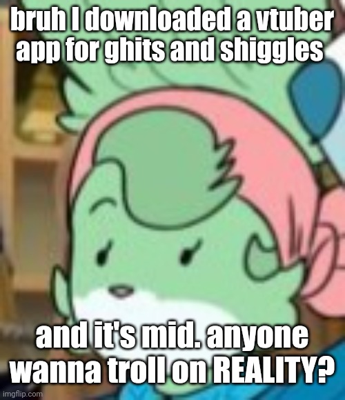 twemk | bruh I downloaded a vtuber app for ghits and shiggles; and it's mid. anyone wanna troll on REALITY? | image tagged in twemk | made w/ Imgflip meme maker