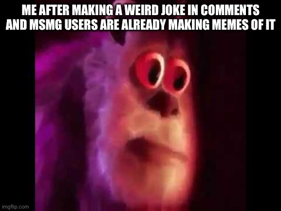 Sully Groan | ME AFTER MAKING A WEIRD JOKE IN COMMENTS AND MSMG USERS ARE ALREADY MAKING MEMES OF IT | image tagged in sully groan | made w/ Imgflip meme maker