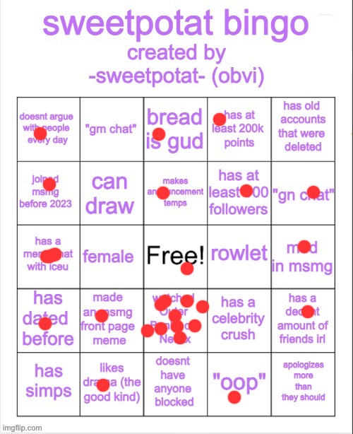 sweetpotat bingo! | image tagged in sweetpotat bingo | made w/ Imgflip meme maker