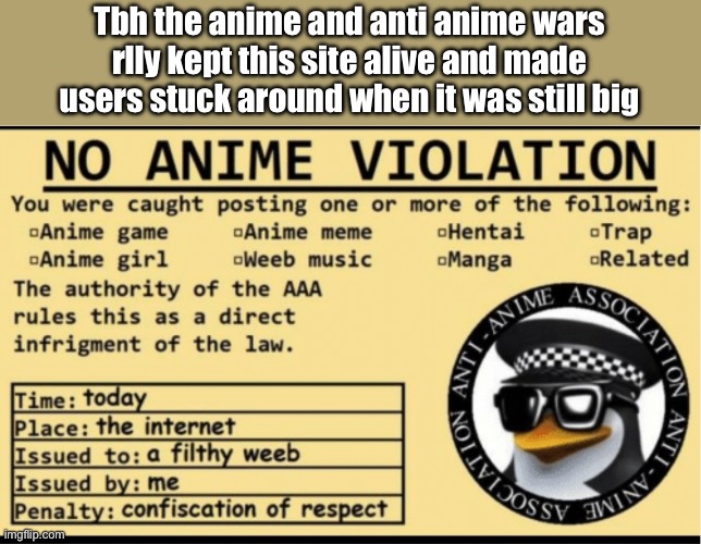 NO ANIME VIOLATION | Tbh the anime and anti anime wars rlly kept this site alive and made users stuck around when it was still big | image tagged in no anime violation | made w/ Imgflip meme maker