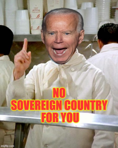 The Dupe Nazi | NO 
SOVEREIGN COUNTRY 
FOR YOU | image tagged in soup nazi,biden dictator | made w/ Imgflip meme maker