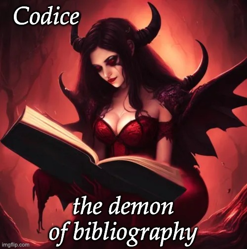 they said: "bibliographically accurate demons" . . . all citations fiendishly correct | Codice; the demon
of bibliography | image tagged in bookish,books,demons,reading | made w/ Imgflip meme maker