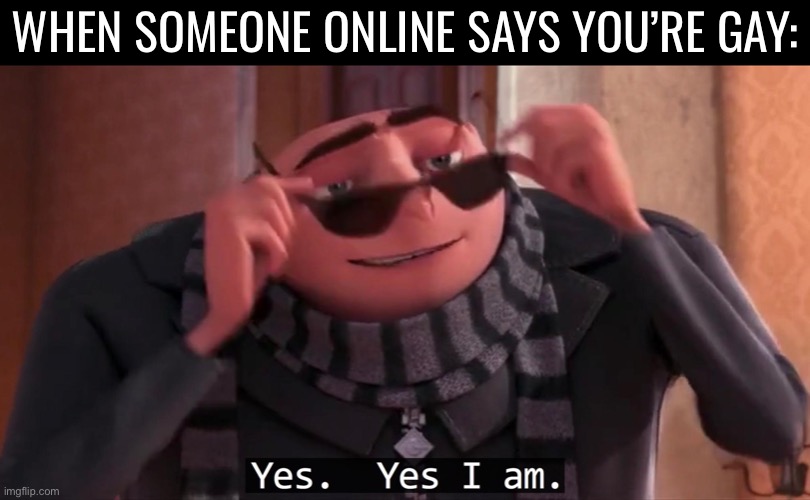 Gay Meme | WHEN SOMEONE ONLINE SAYS YOU’RE GAY: | image tagged in gru yes yes i am,memes,gay,gay pride,gay pride flag,online | made w/ Imgflip meme maker