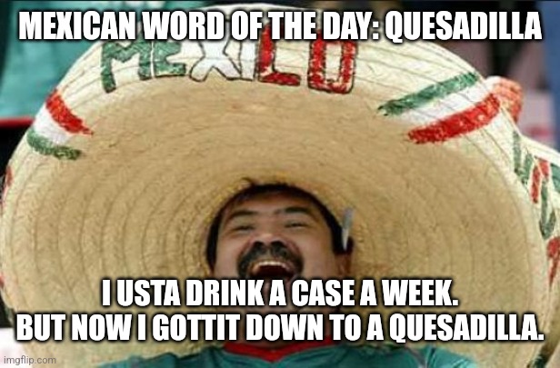 mexican word of the day | MEXICAN WORD OF THE DAY: QUESADILLA; I USTA DRINK A CASE A WEEK.
BUT NOW I GOTTIT DOWN TO A QUESADILLA. | image tagged in mexican word of the day | made w/ Imgflip meme maker