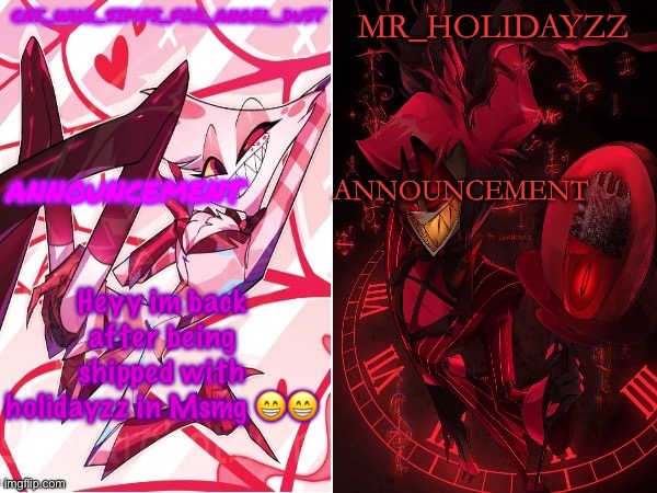 Yayyyyyy I want to commit ouchie towards myself | Heyy im back after being shipped with holidayzz in Msmg 😁😁 | image tagged in cat and holidayzz hazbin hotel temp | made w/ Imgflip meme maker