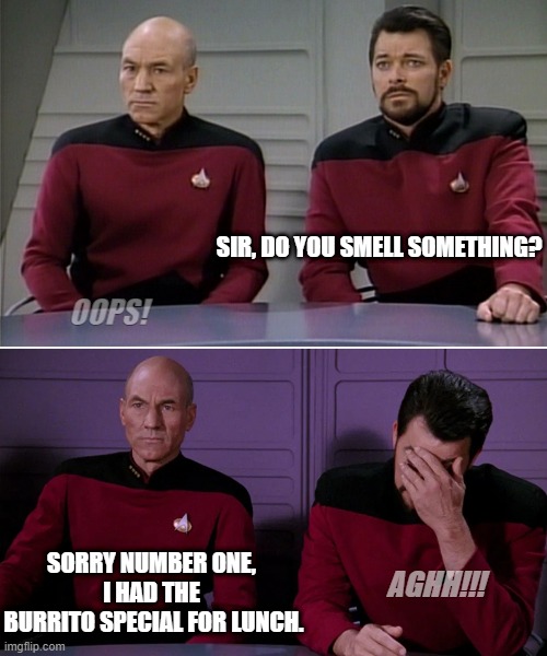 Picard Riker listening to a pun | SIR, DO YOU SMELL SOMETHING? OOPS! SORRY NUMBER ONE, 
I HAD THE 
BURRITO SPECIAL FOR LUNCH. AGHH!!! | image tagged in picard riker listening to a pun | made w/ Imgflip meme maker