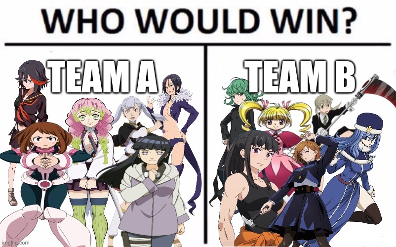 Which team of female anime characters win? | TEAM A; TEAM B | image tagged in memes,who would win,hinata,noelle,biscuit,maki oze | made w/ Imgflip meme maker