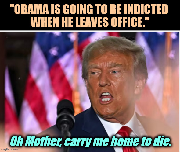 Frontotemporal dementia. He's delusional again. Trump is so full of hate, he can't tell who his targets are anymore. | "OBAMA IS GOING TO BE INDICTED 
WHEN HE LEAVES OFFICE."; Oh Mother, carry me home to die. | image tagged in trump,senile,dementia,fantasy,blur,delusional | made w/ Imgflip meme maker