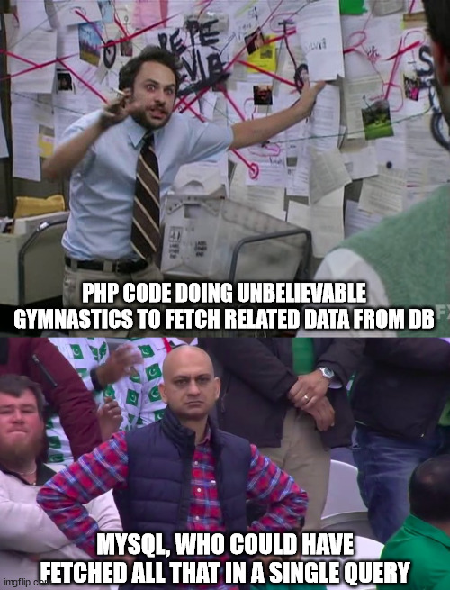 Inefficient Code | PHP CODE DOING UNBELIEVABLE GYMNASTICS TO FETCH RELATED DATA FROM DB; MYSQL, WHO COULD HAVE
FETCHED ALL THAT IN A SINGLE QUERY | image tagged in charlie conspiracy always sunny in philidelphia,disappointed muhammad sarim akhtar,php,mysql,develper,website | made w/ Imgflip meme maker
