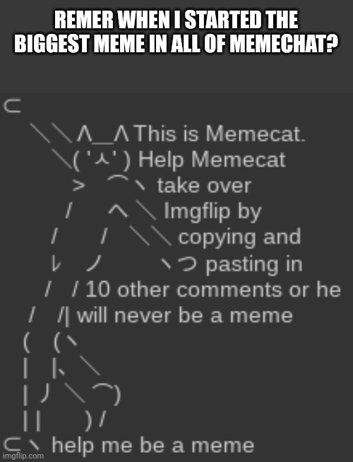 memecat | REMER WHEN I STARTED THE BIGGEST MEME IN ALL OF MEMECHAT? | image tagged in memecat | made w/ Imgflip meme maker