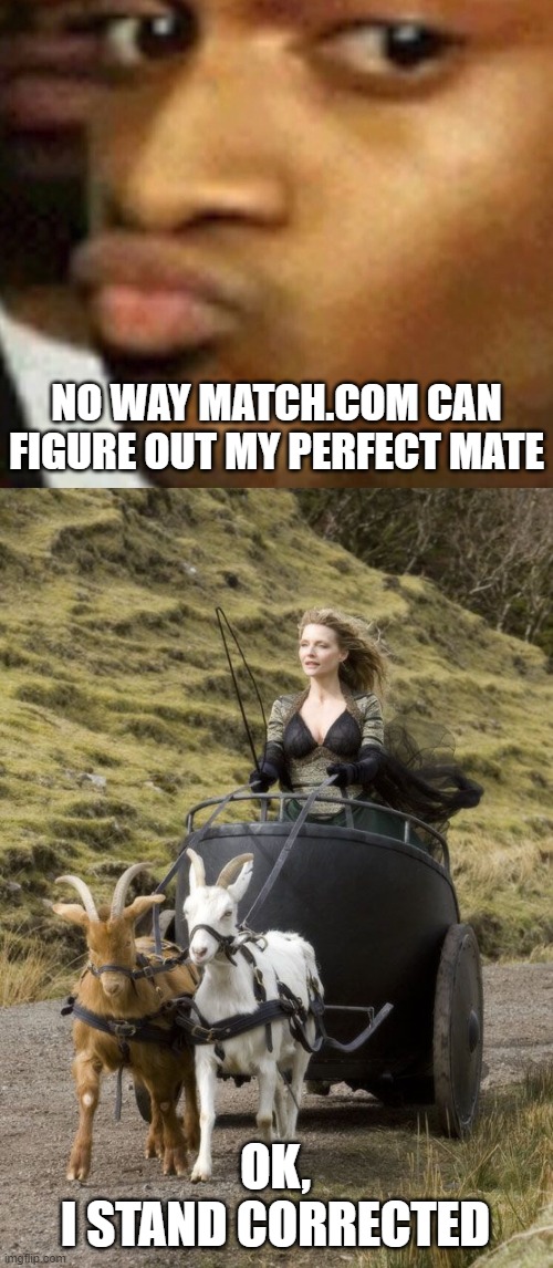 The questionnaire is pretty magic | NO WAY MATCH.COM CAN FIGURE OUT MY PERFECT MATE; OK,
I STAND CORRECTED | image tagged in doubtful lips,your pagan sister pulling up to the christmas party,memes,match,perfect mate | made w/ Imgflip meme maker
