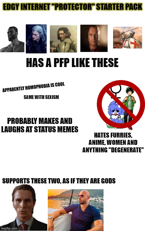 I HATE THESE INCELS!!!!!!!! | EDGY INTERNET ''PROTECTOR'' STARTER PACK; HAS A PFP LIKE THESE; APPARENTLY HOMOPHOBIA IS COOL; SAME WITH SEXISM; PROBABLY MAKES AND LAUGHS AT STATUS MEMES; HATES FURRIES, ANIME, WOMEN AND ANYTHING ''DEGENERATE''; SUPPORTS THESE TWO, AS IF THEY ARE GODS | image tagged in starter pack,memes,so true memes,patrick bateman,sigma male | made w/ Imgflip meme maker