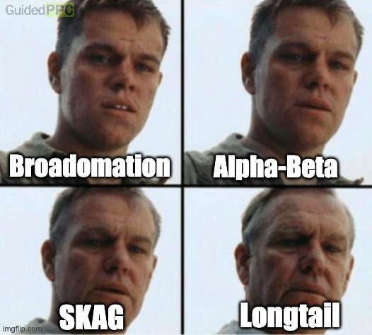 The Evolution of Google Ads Specialists | Broadomation; Alpha-Beta; Longtail; SKAG | image tagged in private ryan getting old,google ads,google,memes | made w/ Imgflip meme maker