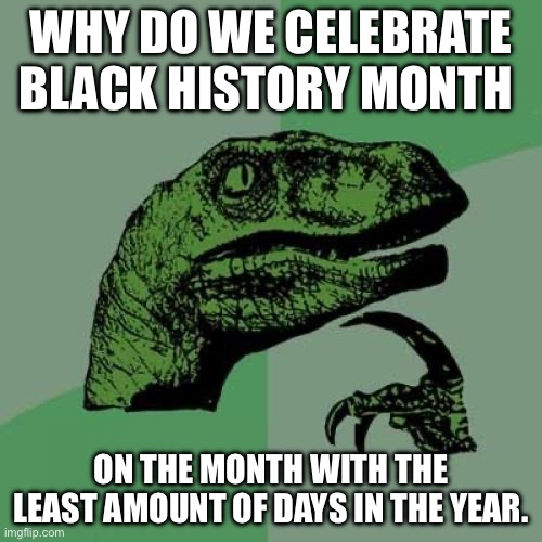Philosoraptor | WHY DO WE CELEBRATE BLACK HISTORY MONTH; ON THE MONTH WITH THE LEAST AMOUNT OF DAYS IN THE YEAR. | image tagged in memes,philosoraptor | made w/ Imgflip meme maker
