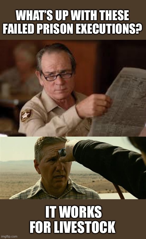 Plan “D” | WHAT’S UP WITH THESE FAILED PRISON EXECUTIONS? IT WORKS FOR LIVESTOCK | image tagged in no country for old men tommy lee jones,prison,execution | made w/ Imgflip meme maker