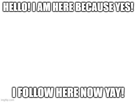 Blank White Template | HELLO! I AM HERE BECAUSE YES! I FOLLOW HERE NOW YAY! | image tagged in blank white template | made w/ Imgflip meme maker