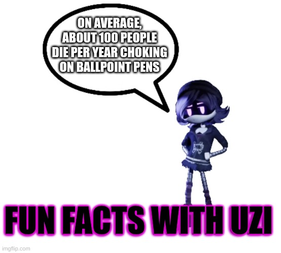 I telleth thee, such absurd poppycock was unpresent when we used quill pens and ink with which to write down our tales of woe an | ON AVERAGE, ABOUT 100 PEOPLE DIE PER YEAR CHOKING ON BALLPOINT PENS; FUN FACTS WITH UZI | image tagged in fun facts with uzi | made w/ Imgflip meme maker